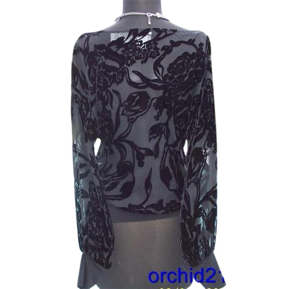 Cache Black Velvet Burn Out Drape Neck Top Banded Bottom Sleeve Ends NWT $138 - Picture 4 of 4